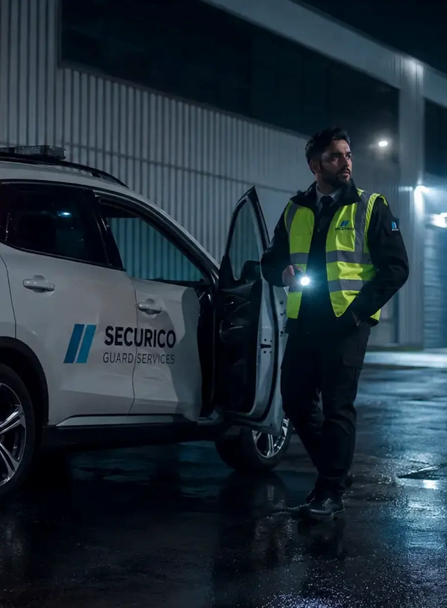 Professional SECURICO unarmed security guard in uniform on post in Acton