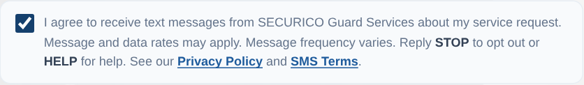 Close-up of the SMS consent checkbox, ticked, with the full label text legible.
