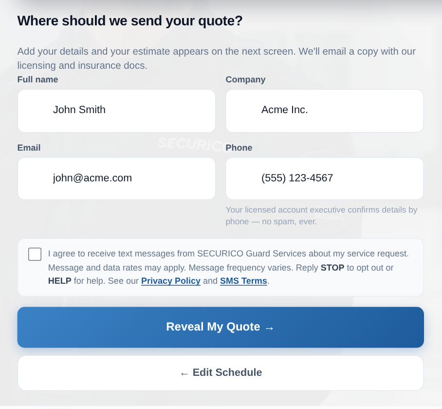 The contact step of the SECURICO quote request form, showing name, company, email and phone fields, with an unchecked SMS consent checkbox beneath the phone field and the Reveal My Quote button below it.