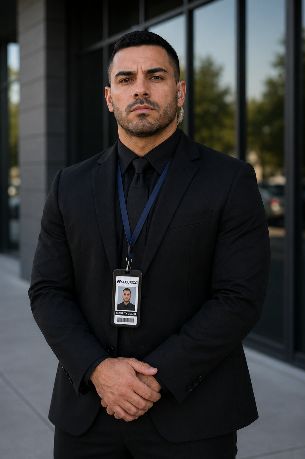 Black suit and tie security guard for luxury retail