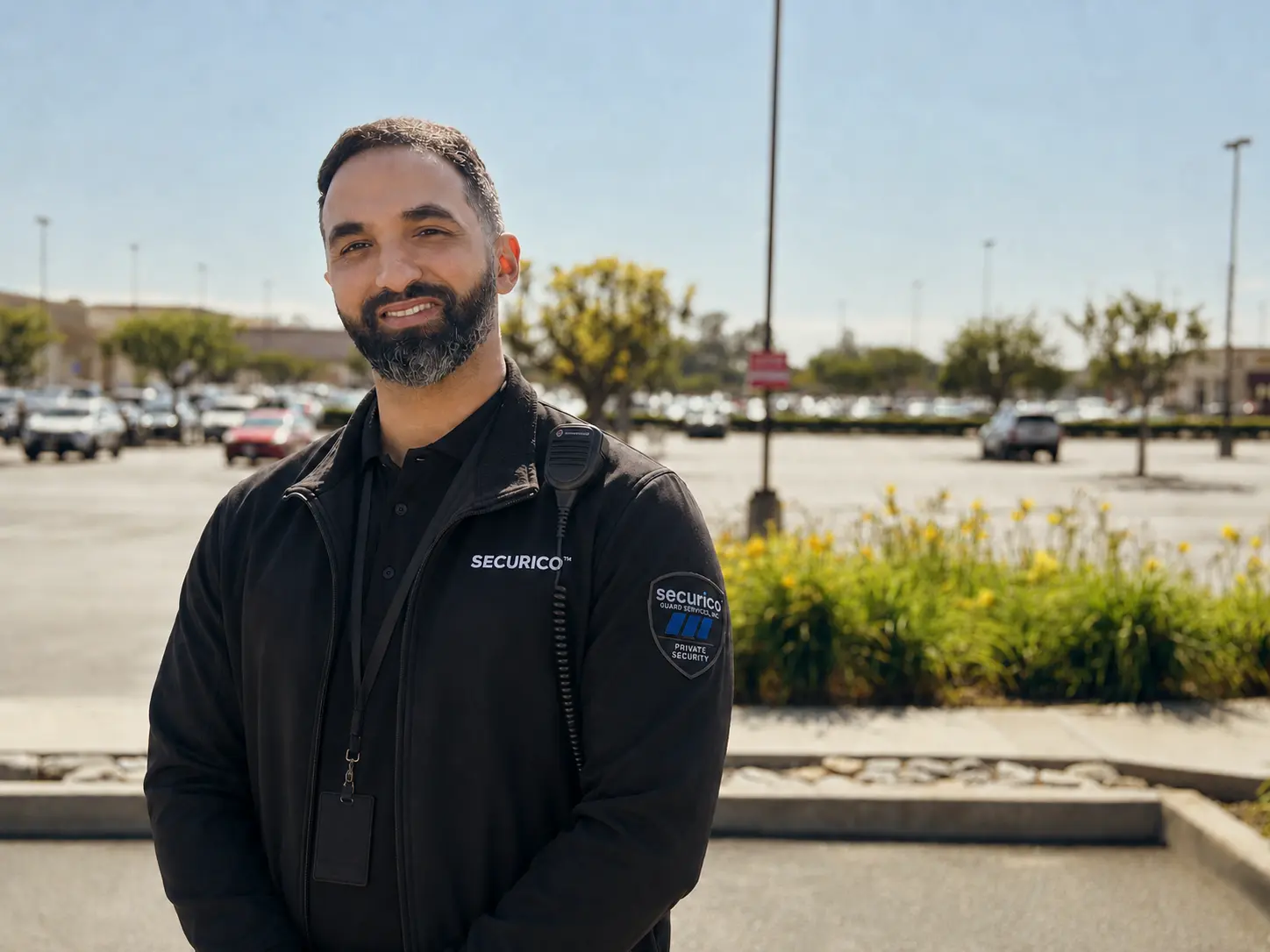 Professional SECURICO unarmed security guard in uniform on post in Torrance